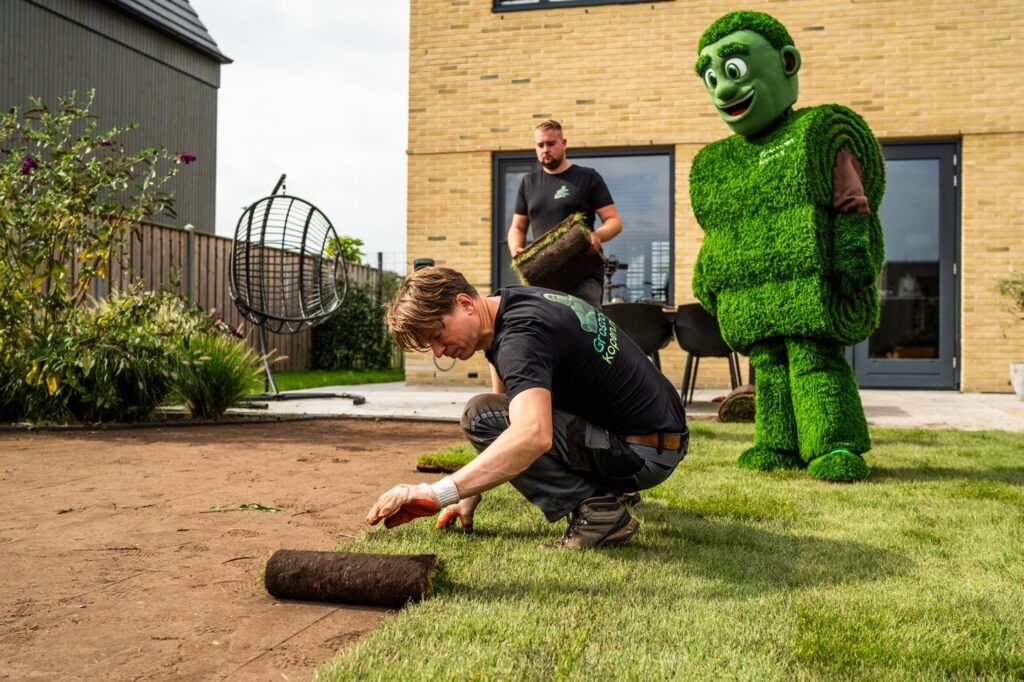 Tuinaannemer legt grasmatten langs een houten tuinschutting