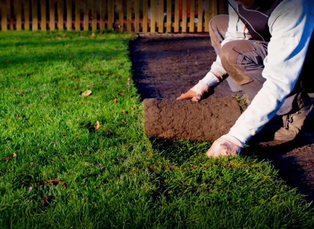 Professionele tuinman legt verse grasmat op voorbereide grond in Belgische tuin
