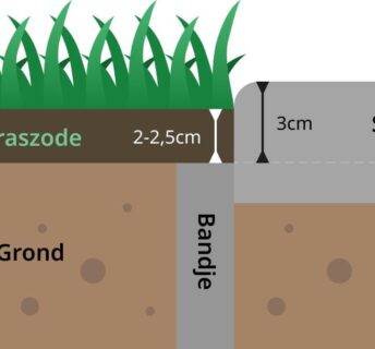 Technische doorsnede van een grasmat: grasmat van 2 tot 2,5 cm dik op grond, met bandje en aangrenzend straatwerk van 3 cm