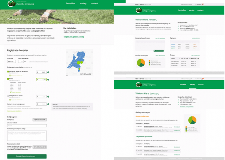 Dashboard van het tuinaannemersportaal van Graszodenkopen met bestellingen en statistieken