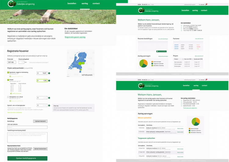Dashboard van het tuinaannemersportaal van Graszodenkopen met bestellingen en statistieken